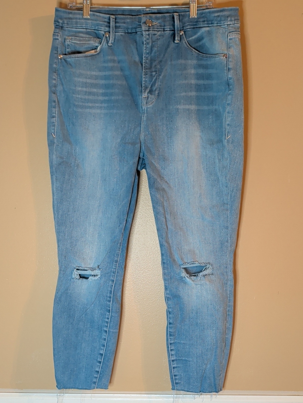 Good American Good Waist Distressed Skinny Denim Jeans Raw Hem Size 16